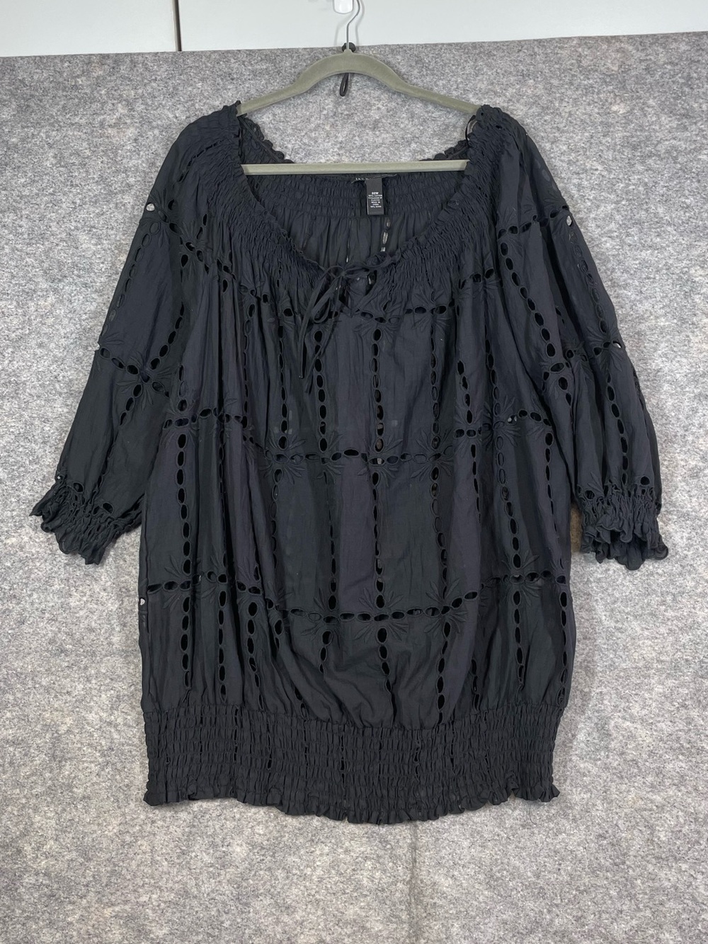 INC Black Eyelet Romantic Peasant Smocked Hem Boho Cottagecore Top 22W